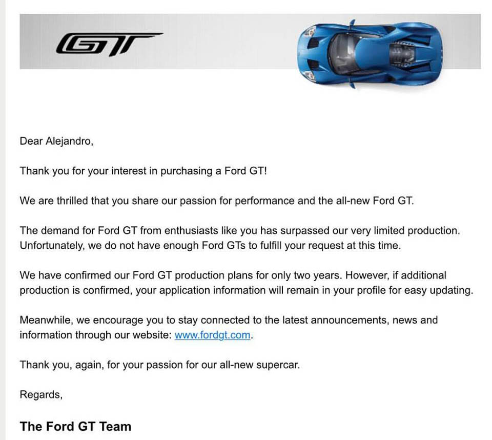 2017 Ford GT Rejection Letter
