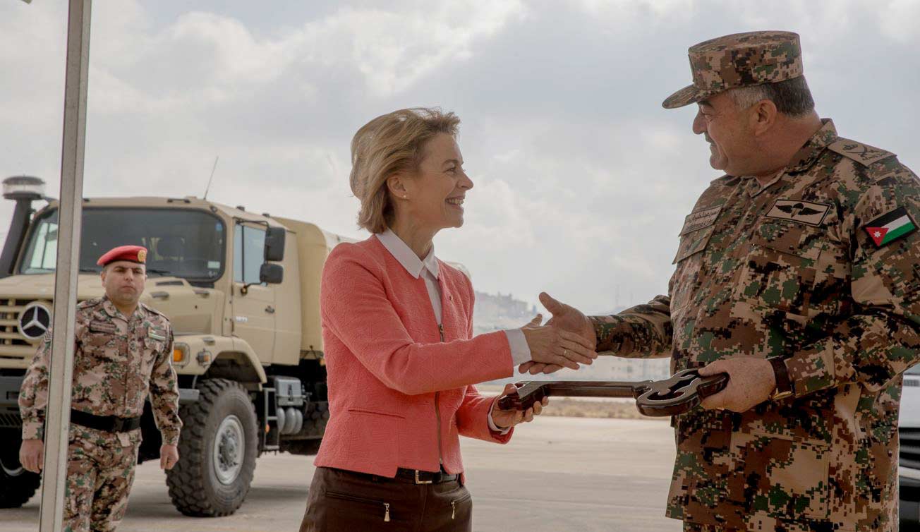 Defence Minister of the Federal Republic of Germany, Ursula von der Leyen, hands over 126 Mercedes-Benz vehicles to the Kingdom of Jordan