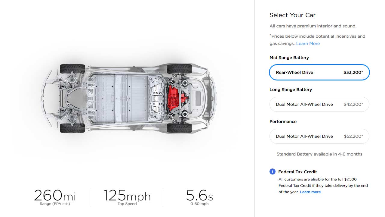 Tesla Model 3 mid-range battery rear wheel drive
