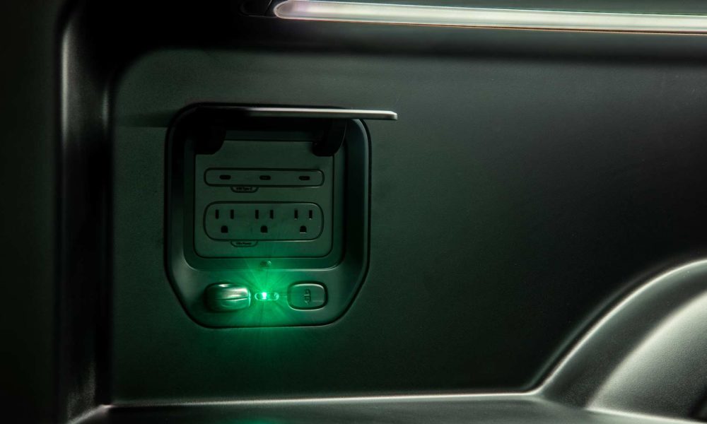 Rivian R1T all-electric pick-up truck bed charging outlet