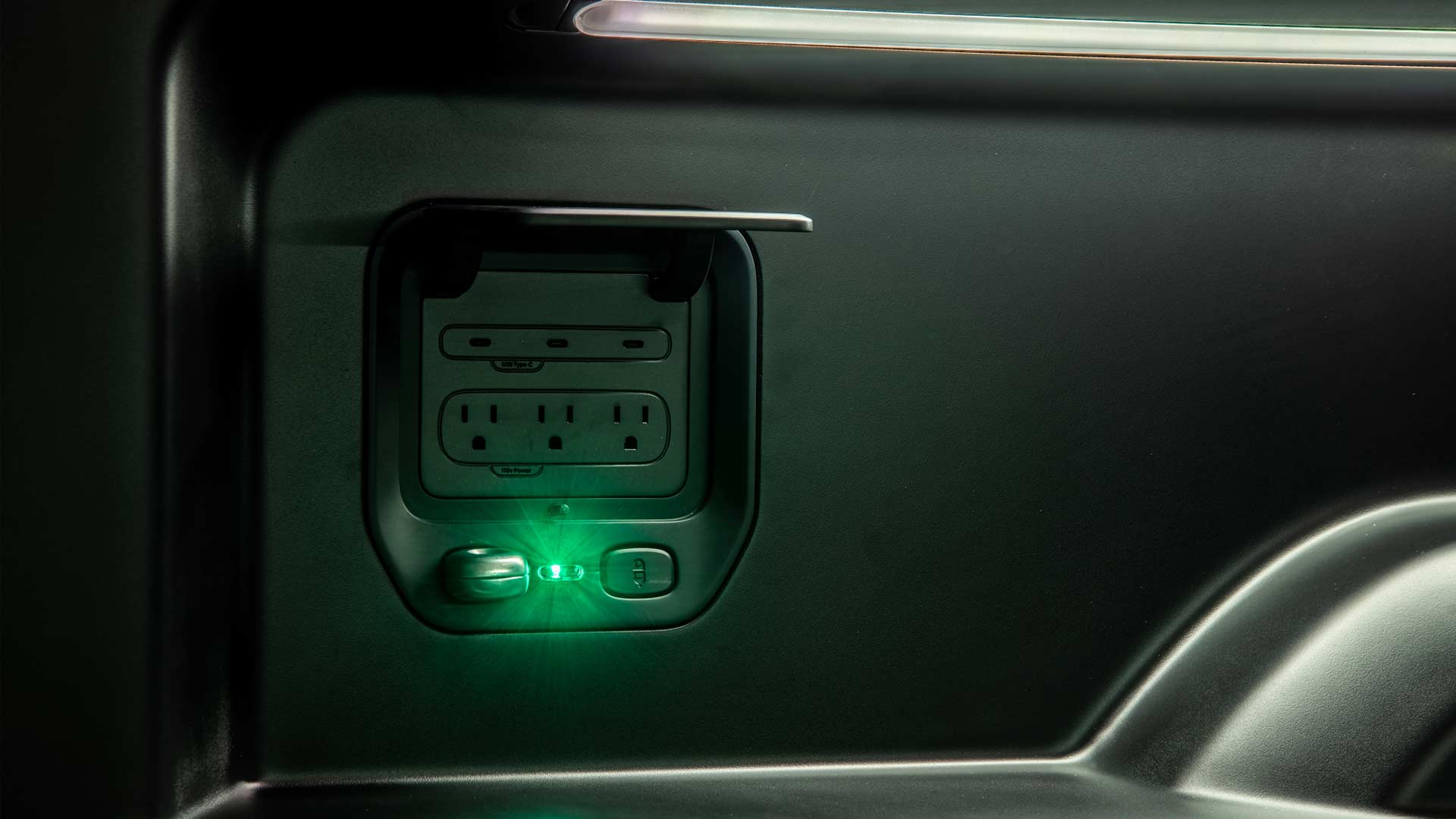 Rivian R1T all-electric pick-up truck bed charging outlet