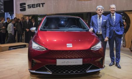 Volkswagen Group CEO, Dr Herbert Diess and SEAT CEO, Luca de Meo with SEAT-el-Born-Geneva-2019