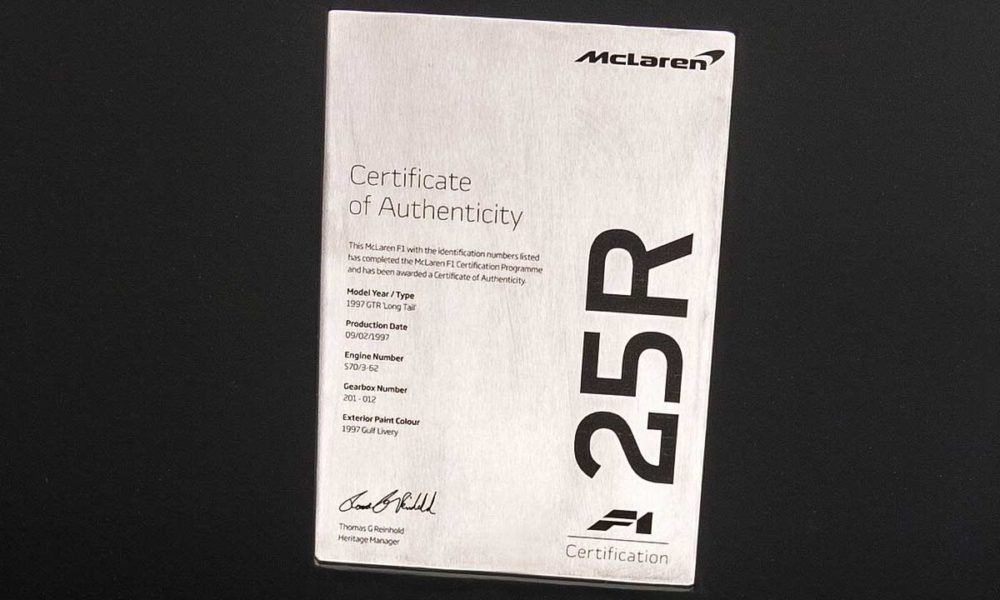Freshly-restored McLaren F1 #063_Certificate of Authenticity
