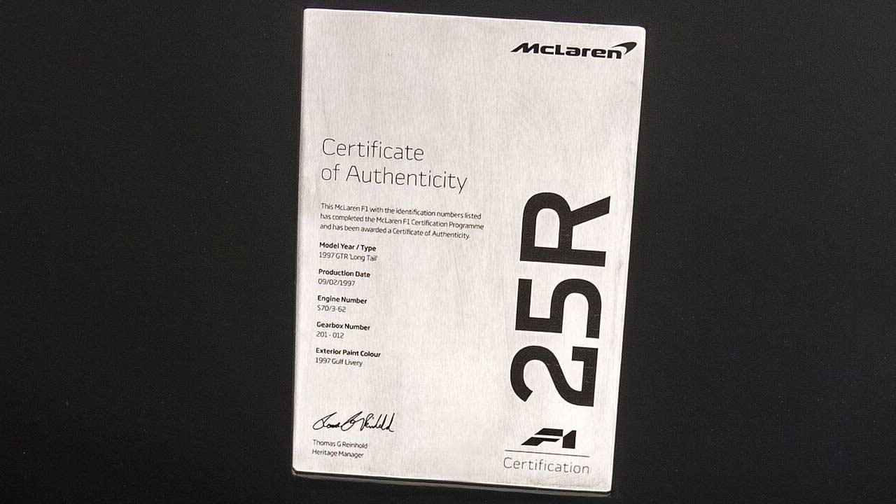 Freshly-restored McLaren F1 #063_Certificate of Authenticity