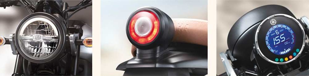 Yamaha XSR155 details - headlamp, taillamp, digital LCD cluster