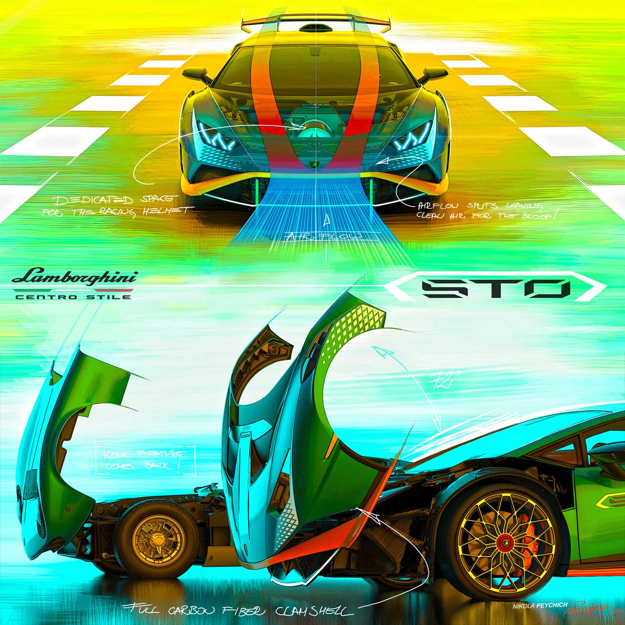 Lamborghini-Huracán-STO-clamshell-bonnet-sketch